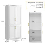 ECACAD White Wardrobe Armoire with 4 Doors, 3-Tier Shelves & Hanging Rod, Wooden Closet Storage Cabinet for Bedroom (30.2”W x 19.3”D x 74.8”H) ECACAD