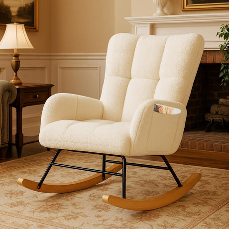 COMHOMA Nursery Rocking Chair, Teddy Upholstered Glider with Side Pockets, Accent Chair with High Backrest Reading Chair for Adult, Nursery, Bedroom, Living Room,Offices(Beige) COMHOMA