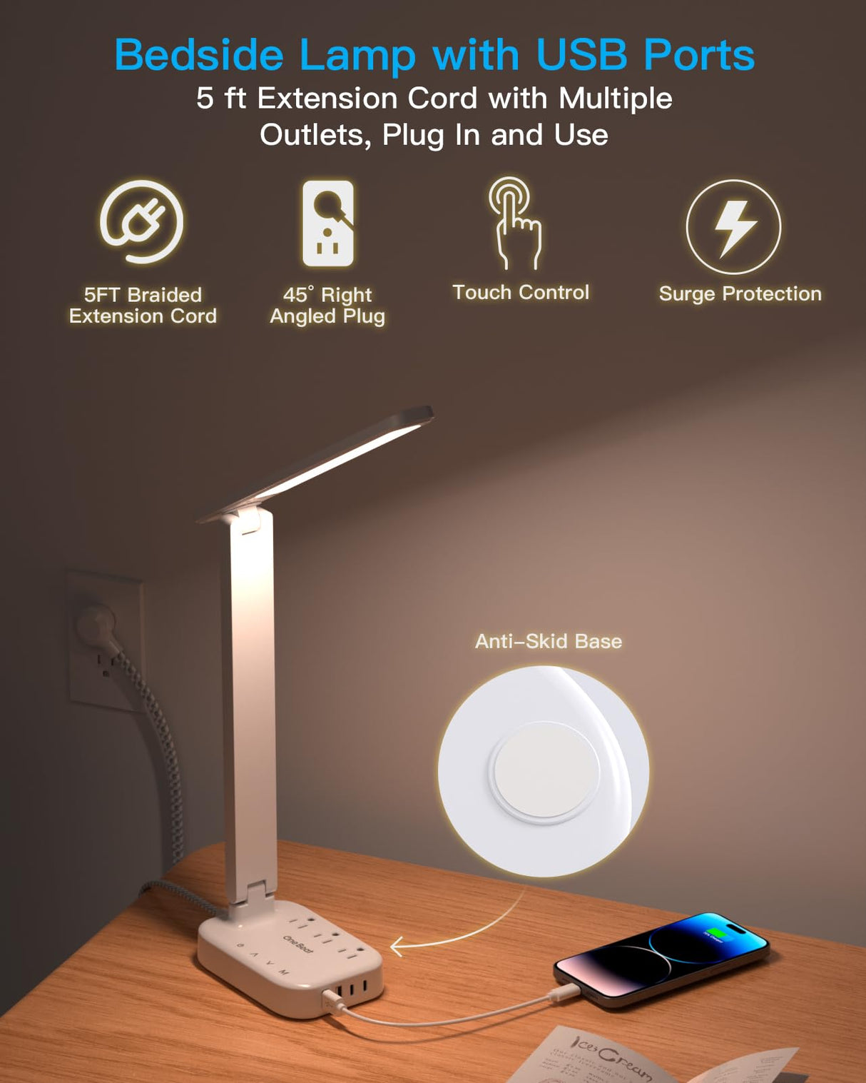 Power Strip with LED Desk Lamp, 3 Outlets 4 USB Ports(2 USBC) 4 Modes 5 Level Touch Lamp Small Desk Lamp for Home Office Bedroom Bedside, Study Reading Light, 5ft Extension Cord, Dorm Room Essentials One Beat