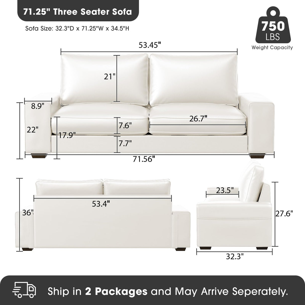 Valthie Faux Leather Couch, Mid Century Modern Comfy Loveseat Sofa with Wide Arm, Side Pockets, Solid Wooden Frame for Office, Living Room and Bedroom, 2 Seater (White, 71.25 Inches) Valthie