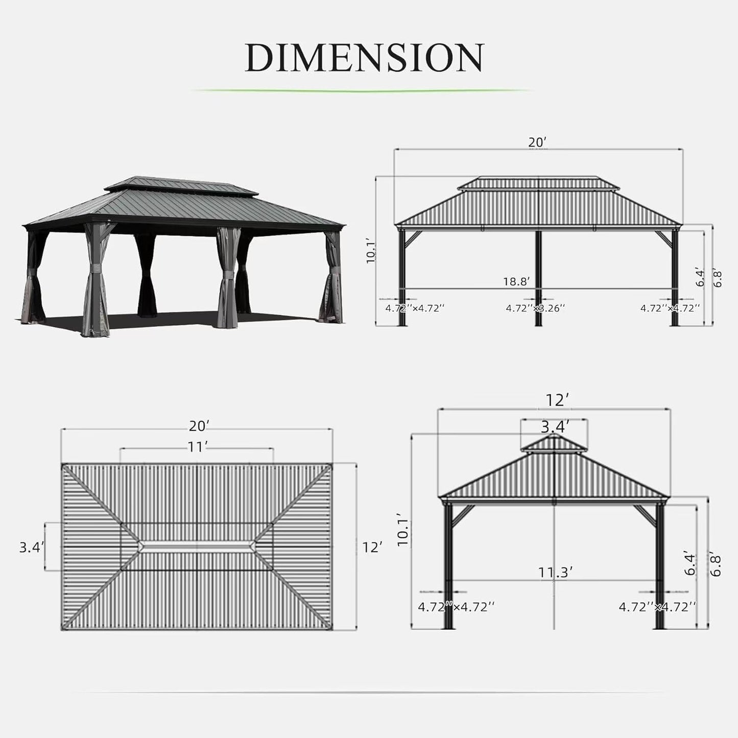 Domi 12'x20' Hardtop Gazebo Canopy,Outdoor Aluminum Gazebo with Galvanized Steel Double Roof,Large Permanent Gazebo Pavilion for Patio Deck Backyard,Curtain and Netting,Grey