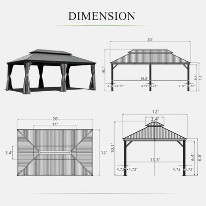 Domi 12'x20' Hardtop Gazebo Canopy,Outdoor Aluminum Gazebo with Galvanized Steel Double Roof,Large Permanent Gazebo Pavilion for Patio Deck Backyard,Curtain and Netting,Grey - WoodArtSupply