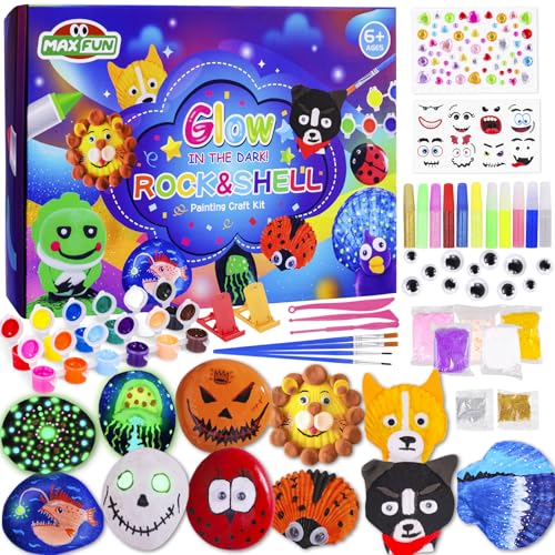 Max Fun Sea Shell & Rock Painting Kit, 2 ON 1 Glow in The Dark DIY Halloween Arts & Crafts Gifts for Kids Ages 4-12, Craft Activities Kits Creative Art Paint Toys for Boys Girls Birthday Party Gifts Max Fun