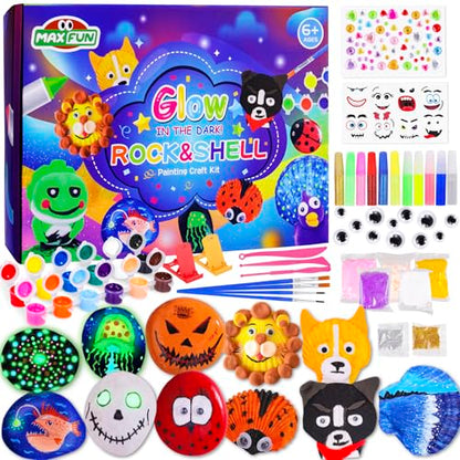 Max Fun Sea Shell & Rock Painting Kit, 2 ON 1 Glow in The Dark DIY Halloween Arts & Crafts Gifts for Kids Ages 4-12, Craft Activities Kits Creative Art Paint Toys for Boys Girls Birthday Part - WoodArtSupply