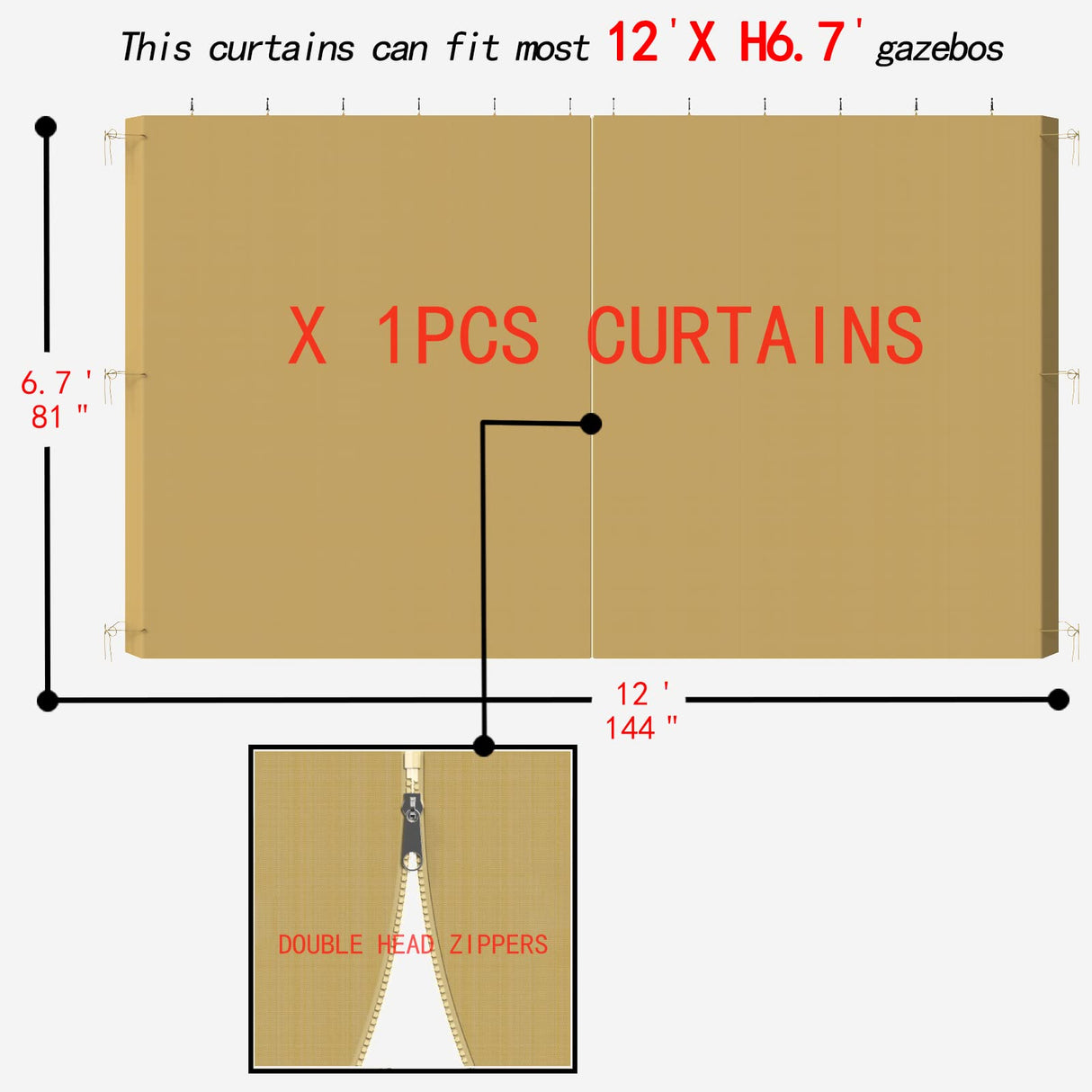 SunCula Replacement 12'- One Panel Gazebo Curtain waterproof, Universal Privacy Shade Curtains Side Wall with Zipper for Patio, Backyard, Garden 10'x12' or 12'x12'Outdoor Gazebo -Khaki(Only curtains) SunCula