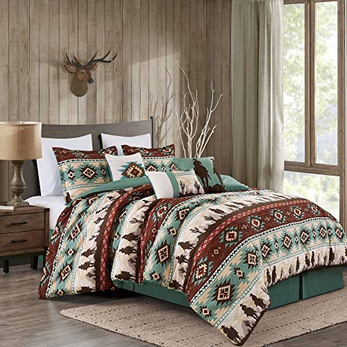 Chezmoi Collection Dune 7-Piece Southwestern Cowboys Aztec Comforter Set - Multicolor Teal Brown Beige Tan Red Printed Washed Microfiber Bedding, Full Chezmoi Collection