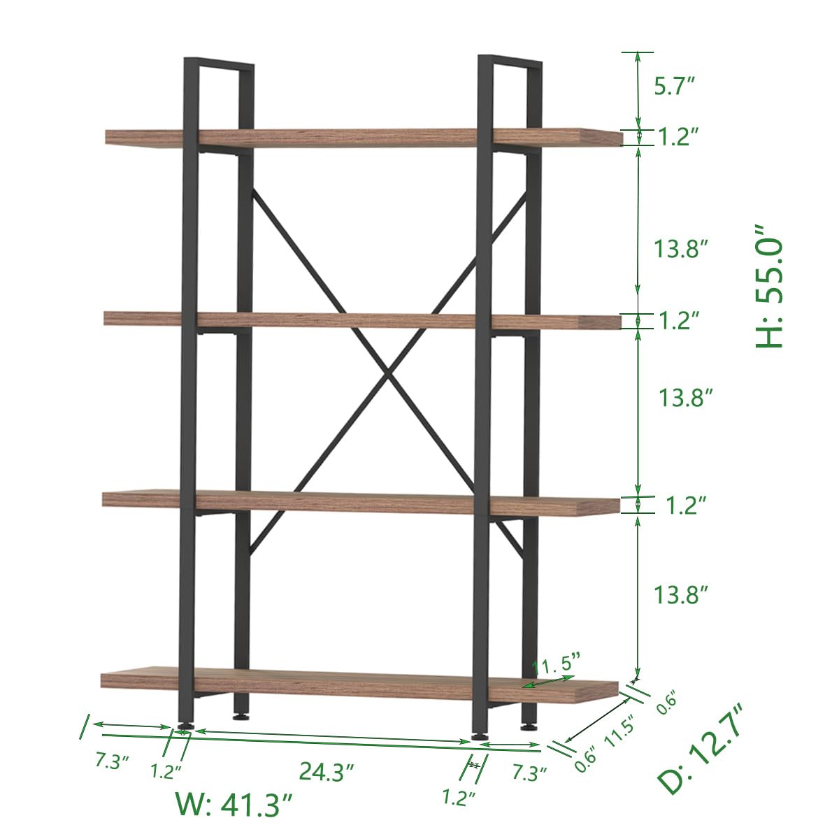 HSH Industrial 4-Tier Rustic Oak Bookshelf: Modern Metal & Wood Etagere for Versatile Home Storage - WoodArtSupply