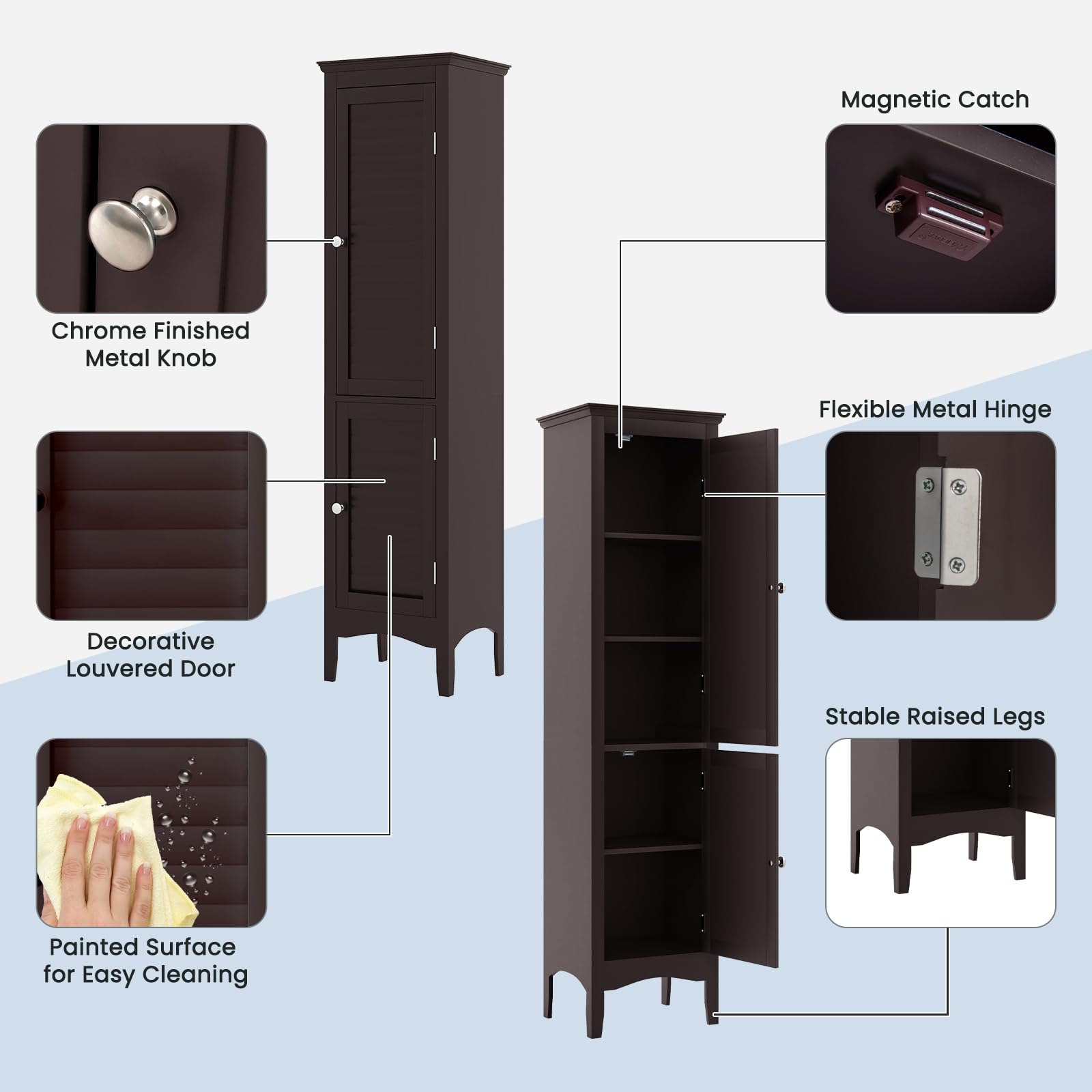 Tangkula 63" Freestanding Slim Bathroom Storage Cabinet with Adjustable Shelf and Elegant Louvered Doors - WoodArtSupply