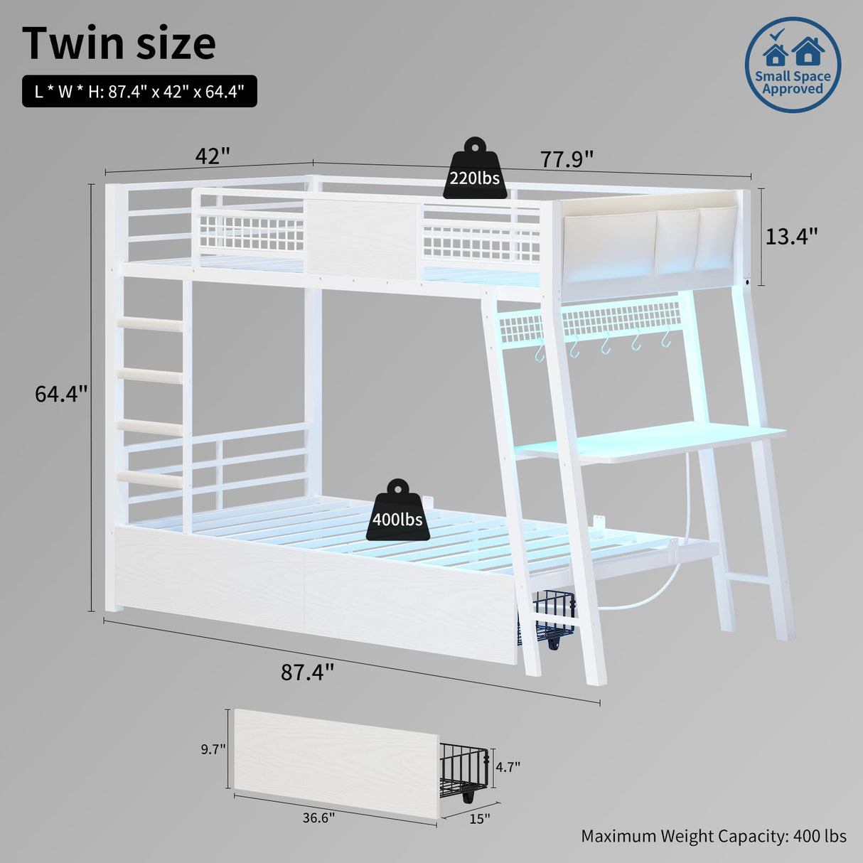 HAUOMS Bunk Bed with Desk, Twin Over Twin Metal Bunk Beds with Power Outlets, RGB LED Lights, 2 Larger Storage Drawers, Bed with Safety Guardrail & Ladders, No Box Spring Needed (White) HAUOMS