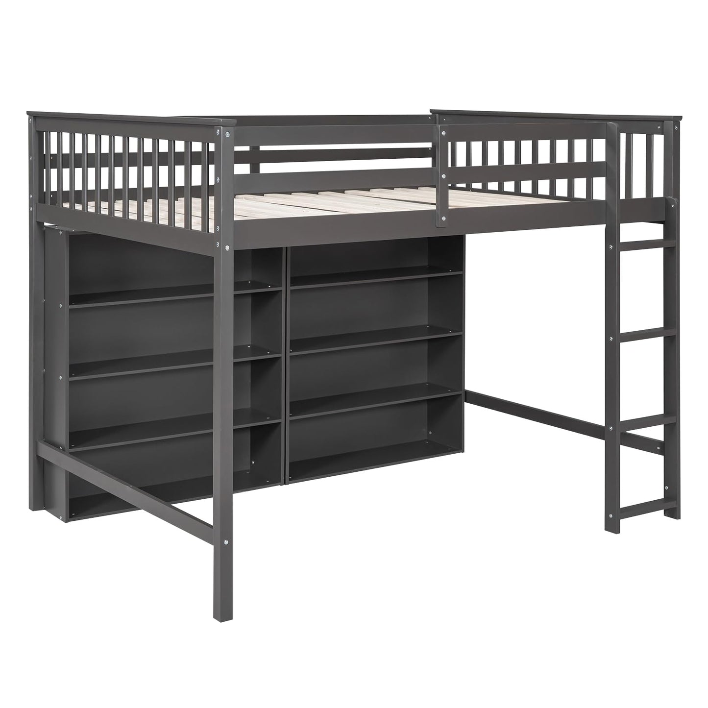 Bekeknlny Full Size Loft Bed with 8 Open Storage Shelves and Built-in Ladder, Solid Wood Bed Frame with Safety Rail, Kids/Teens Bedroom, Guest Room Furniture (Gray/Shelves8, Full)