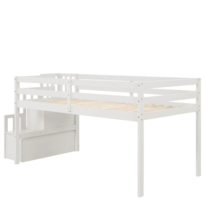 CITYLIGHT Twin Low Loft Bed with Staircase and Storage, White Wood Frame for Kids - WoodArtSupply