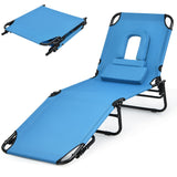 gotoplay Folding Beach Lounge Chair w/ 5 Adjutable Backrest & Padded Pillow, Sunbathing Lounger Chair, Sun Tanning Lay Flat Chair for Seaside Pool Deck, Max Load 330 LBS, No Assembly Required (Blue) gotoplay