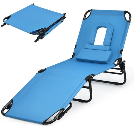 gotoplay Folding Beach Lounge Chair w/ 5 Adjutable Backrest & Padded Pillow, Sunbathing Lounger Chair, Sun Tanning Lay Flat Chair for Seaside Pool Deck, Max Load 330 LBS, No Assembly Required (Blue) gotoplay