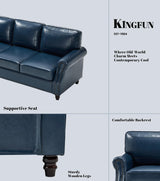 Kingfun Mid-Century Modern Couch, Faux Leather Sofa, 3 Seater Couch for Living Room with Rolled arms & Nailhead Trim, Blue Kingfun