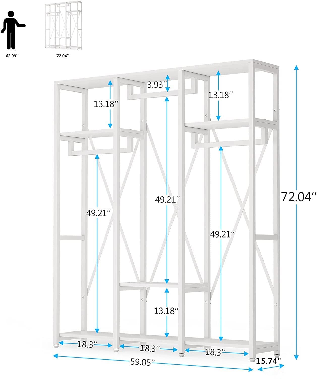 Tribesigns FreeStanding Closet Organizer, Industrial 3 Rod Garment Rack with 4-Tier Storage Shelf, Rustic Wardrobe Rack Clothes Rack for Hanging Clothes and Storage (White) - WoodArtSupply