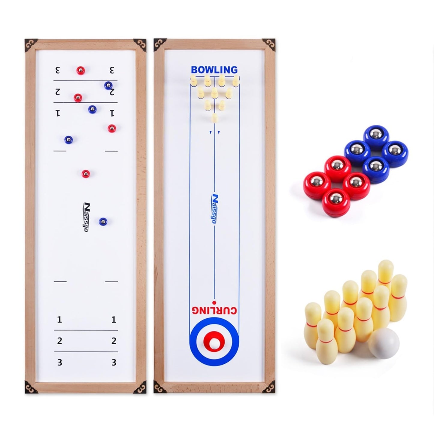 3-in-1 Wood Shuffleboard, Tabletop Curling Game Board Set with 8 Rollers, Portable Mini Tabletop Games for Kids and Adults - WoodArtSupply