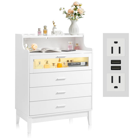 Karl home White Dresser for Bedroom, 4 Drawer Dresser with LED and Charging Station, Wooden Chest of Drawers with Shelf and Glass Drawer, Modern Bedroom Furniture, Living Room, Hallway Karl home