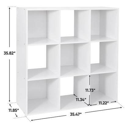 ZenStyle 9 Cube Storage Shelf Organizer, Wooden Bookshelf System Display Cube Shelves Compartments, Customizable W/ 5 Removable Back Panels (White)