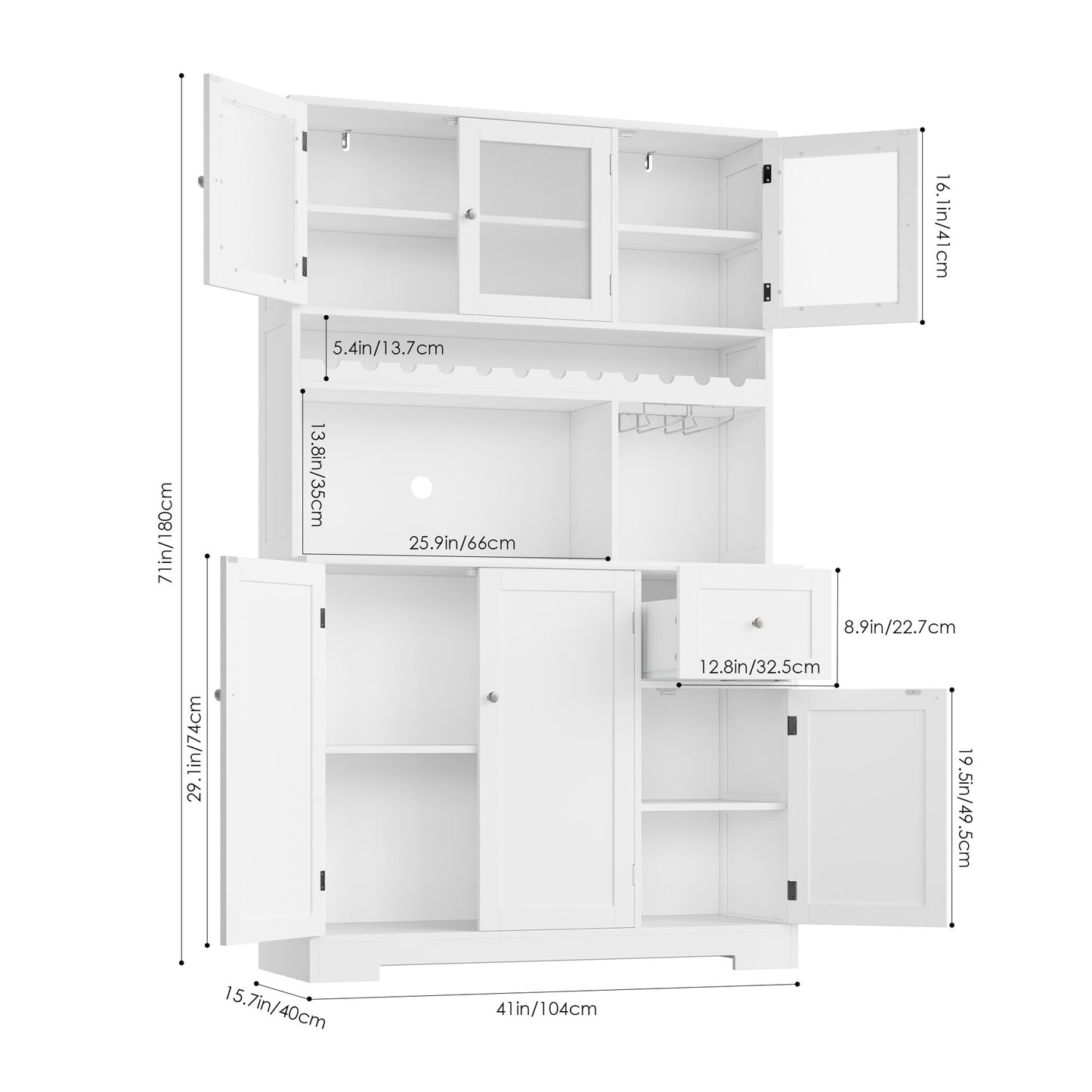 BOTLOG 71" Kitchen Pantry Cabinet, Tall Kitchen Hutch with Microwave Stand, Pantry Storage Cabinet with Wine Rack, Glass Holder for Dining Room, Home Bar, White - WoodArtSupply