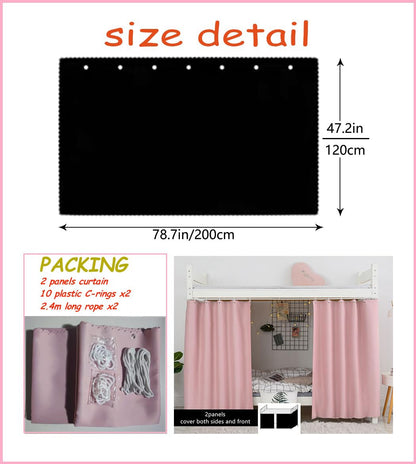 Teanea Heavy-Duty Blackout Bottom Bunk Bed Curtains Privacy Canopy Twin Size for Home Dorm, 2 Panels, Pink