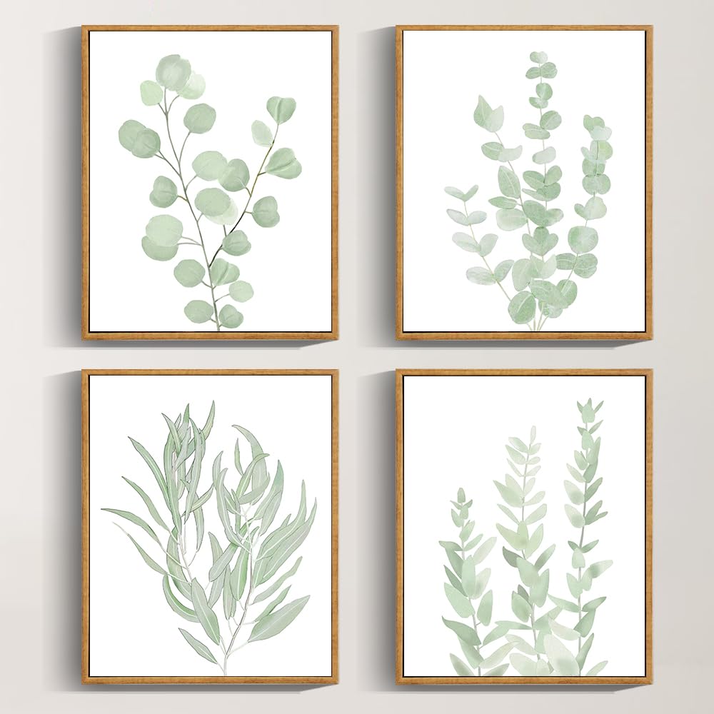 Drsoum Framed Botanical Plant Canvas Wood Wall Art Light Green Sage Wall Decor Eucalyptus Leaf Picture for Bedroom Living Room Bathroom Office 8”x 10” x 4pcs Drsoum