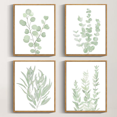 Drsoum Framed Botanical Plant Canvas Wood Wall Art Light Green Sage Wall Decor Eucalyptus Leaf Picture for Bedroom Living Room Bathroom Office 8”x 10” x 4pcs Drsoum