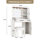 NEDYO Vanity with Mirror and Lights, Farmhouse Vanity Desk, Makeup Vanity Table Set, Small Wood Vanity with Chair, Vintage Large Light Bulbs Dimmable Mirror, Shelves and Drawers. White NEDYO