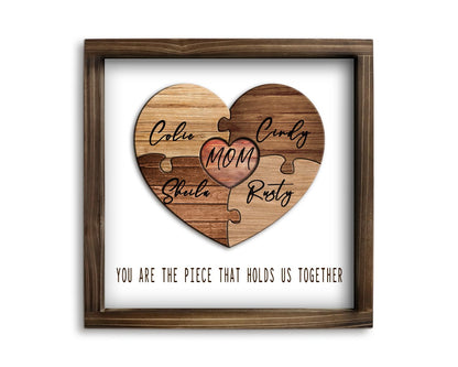 Kas Home MOM, You are The Piece That Holds Us Together - Personalized Mother's Day, Birthday, Anniversary, Thanksgiving Gift, Wooden Framed Name Puzzle Sign Gift from Daughter & Son - WoodArtSupply