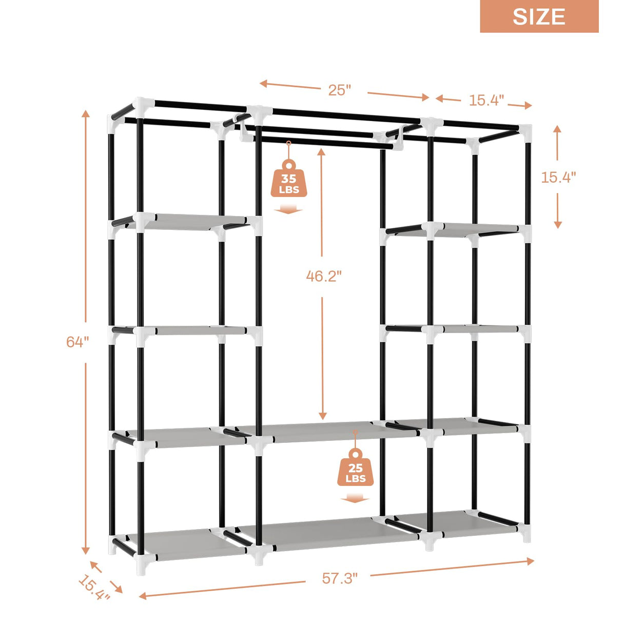 VTRIN Portable Closet Wardrobe for Hanging Clothes 57.3 Inch Large Capacity Clothes Rack with Cover, 10 Storage Organizer Shelves, 1 Hanging Rods and 6 Pockets, Free Standing Closet for Bedroom, Black VTRIN