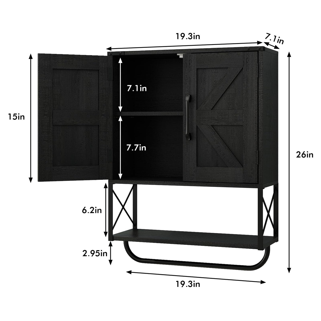 RUSTOWN Farmhouse Medicine Cabinet with 2 Barn Door, Wood Wall Mounted Storage Cabinet with Adjustable Shelf and Towel Bar, 3-Tier Bathroom Cabinet for Bathroom, Living Room(Black, Medium) RUSTOWN