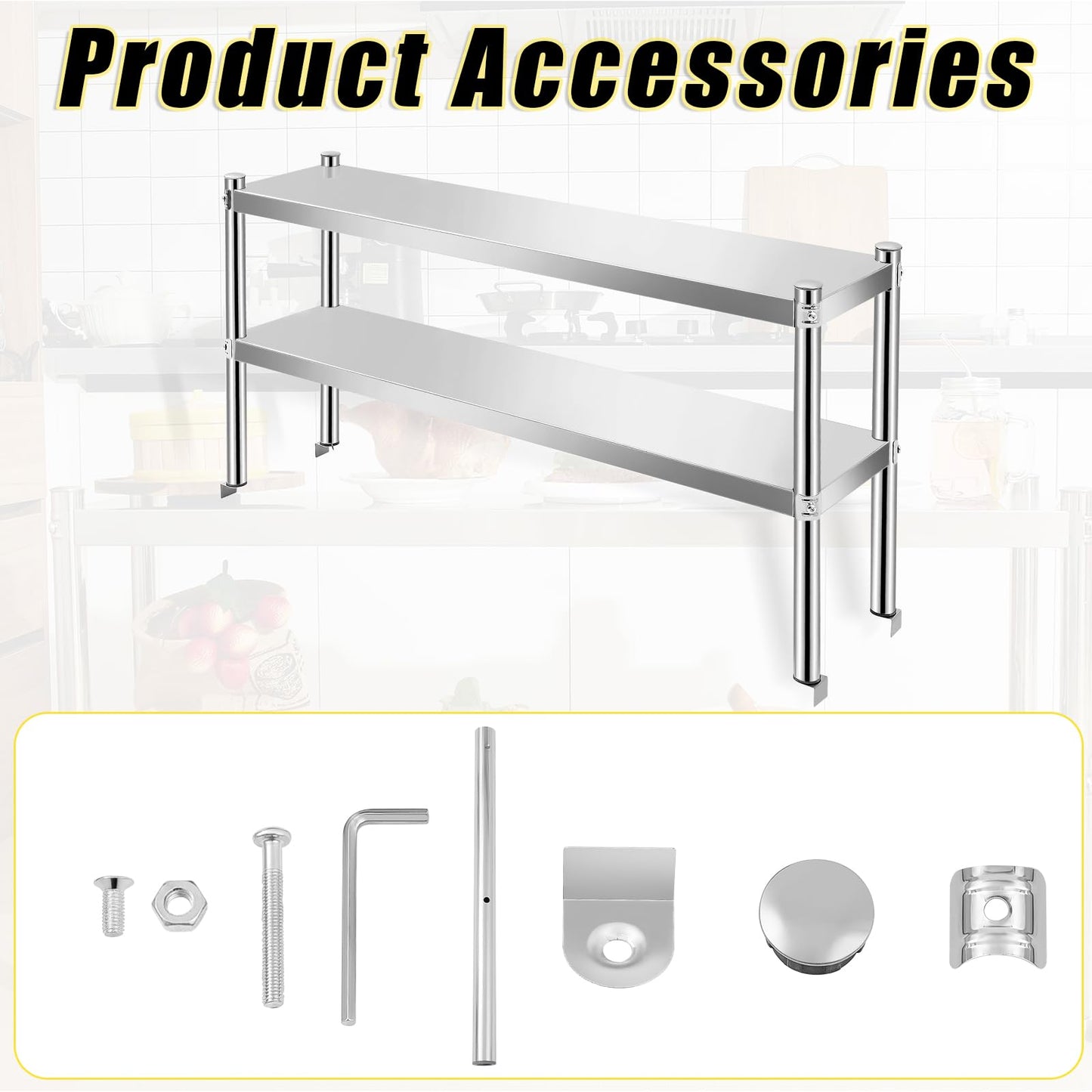 Yaocom 12" x 48" Stainless Steel Double Deck Overshelf for Prep Table Heavy Duty Commercial 2 Tier Shelf for Work Table in Restaurant Bar Kitchen Garage Home Hotel - WoodArtSupply