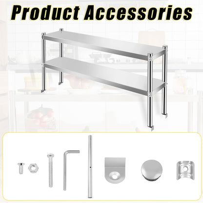 Yaocom 12" x 48" Stainless Steel Double Deck Overshelf for Prep Table Heavy Duty Commercial 2 Tier Shelf for Work Table in Restaurant Bar Kitchen Garage Home Hotel - WoodArtSupply