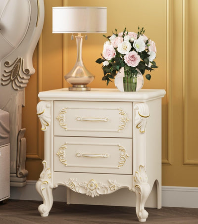 Timechee White Night Stand with Drawers, Carved Bed Side Tables Bedroom, Mid Century Modern 2 Drawer Nightstand, French Country Furniture Bedside Table, Vintage End Tables for Bedroom, Living Room