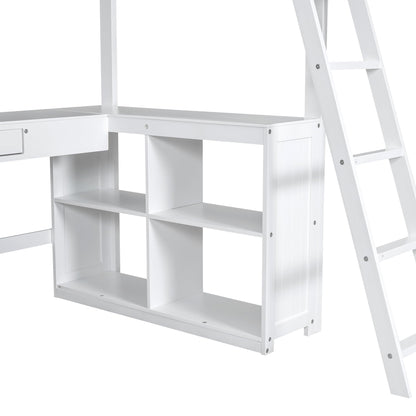 Harper & Bright Designs White Twin Size Loft Bed with U-Shaped Desk, Drawers, and Storage Shelves - WoodArtSupply