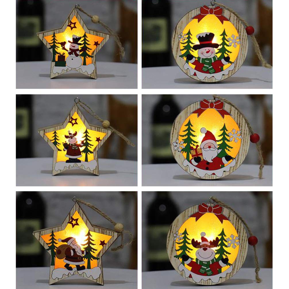 Amosfun 3pcs LED Light Up Christmas Wooden Ornaments Wood Round Shapes with Reindeer Snowman Santa Claus Pattern Hanging Christmas Tree Decoration Christmas Night Lights