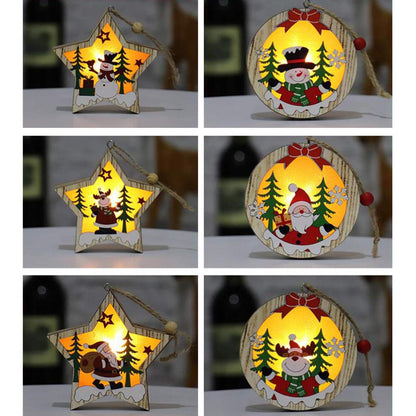 Amosfun 3pcs LED Light Up Christmas Wooden Ornaments Wood Round Shapes with Reindeer Snowman Santa Claus Pattern Hanging Christmas Tree Decoration Christmas Night Lights