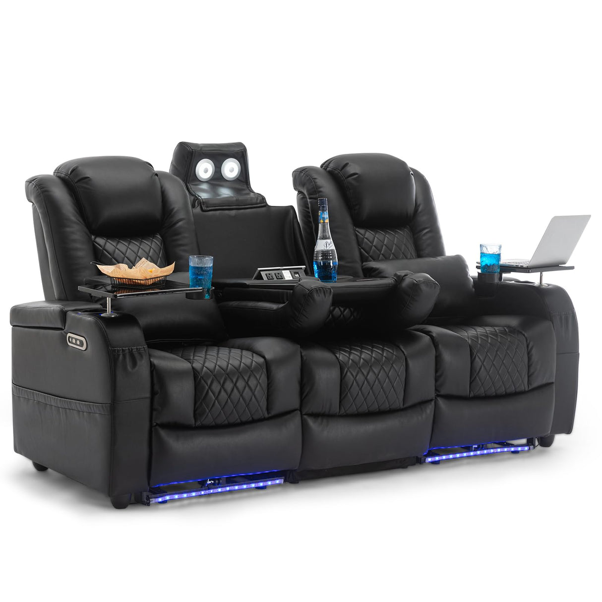 Airadlis Home Theater Seating Seats, Movie Theater Chairs Theater Recliner with 7 Colors Ambient Lighting, Lumbar Pillow, Touch Reading Lights, Tray Table (Black, Row of 3) Airadlis