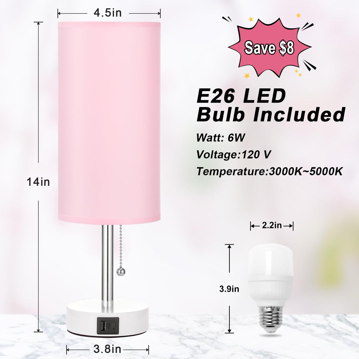 Hong-in Pink Lamp for Bedroom,Nightstand Lamp with 3 Color Modes-Small Bedside Lamp with USB-C+A Charging Ports, Pull Chain Bedroom Table Lamp for Bedroom, Office, Kids Room(Bulb Included) Hong-in