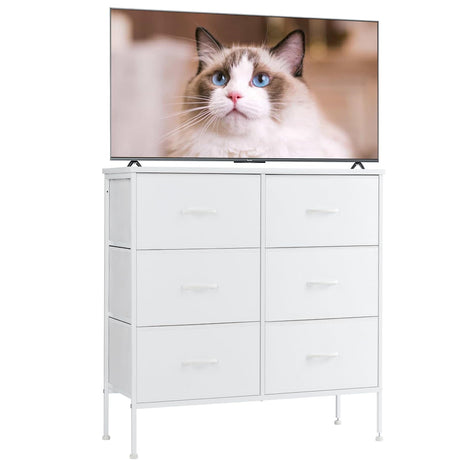 Sweetcrispy Dresser for Bedroom with 6 Storage Drawers, Fabric Storage Tower Organizer, Chest of Drawers with Metal Frame Wooden Top for Closet, Living Room, Entryway, White Sweetcrispy