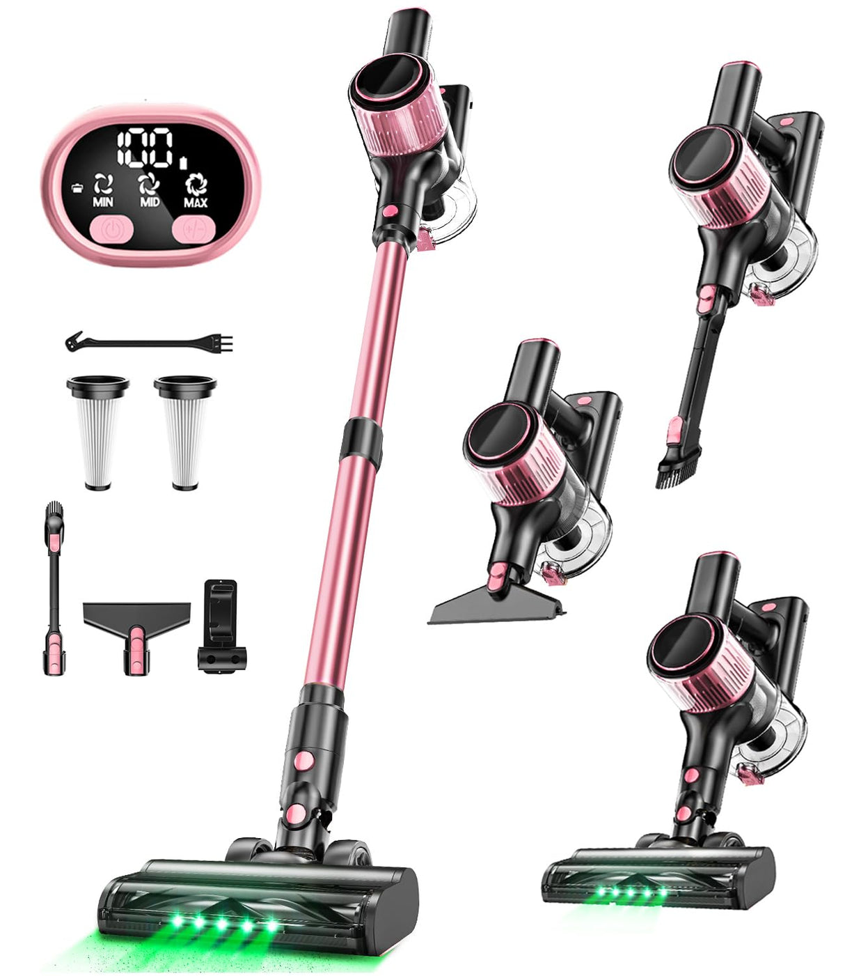 VICEASE Cordless Vacuum Cleaner, 8 in 1 Powerful Suction Lightweight Vacuum Cleaner for Home, LED Display, 3 Suction Modes, 45Mins Detachable Battery Vacuum for Hard Floor Carpet Pet Hair, Pink VICEASE