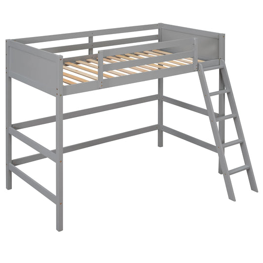 SOFTSEA Twin Size Wooden Loft Bed with Ladder and Guardrail - Space-Saving Grey Design for Kids and Teens - WoodArtSupply