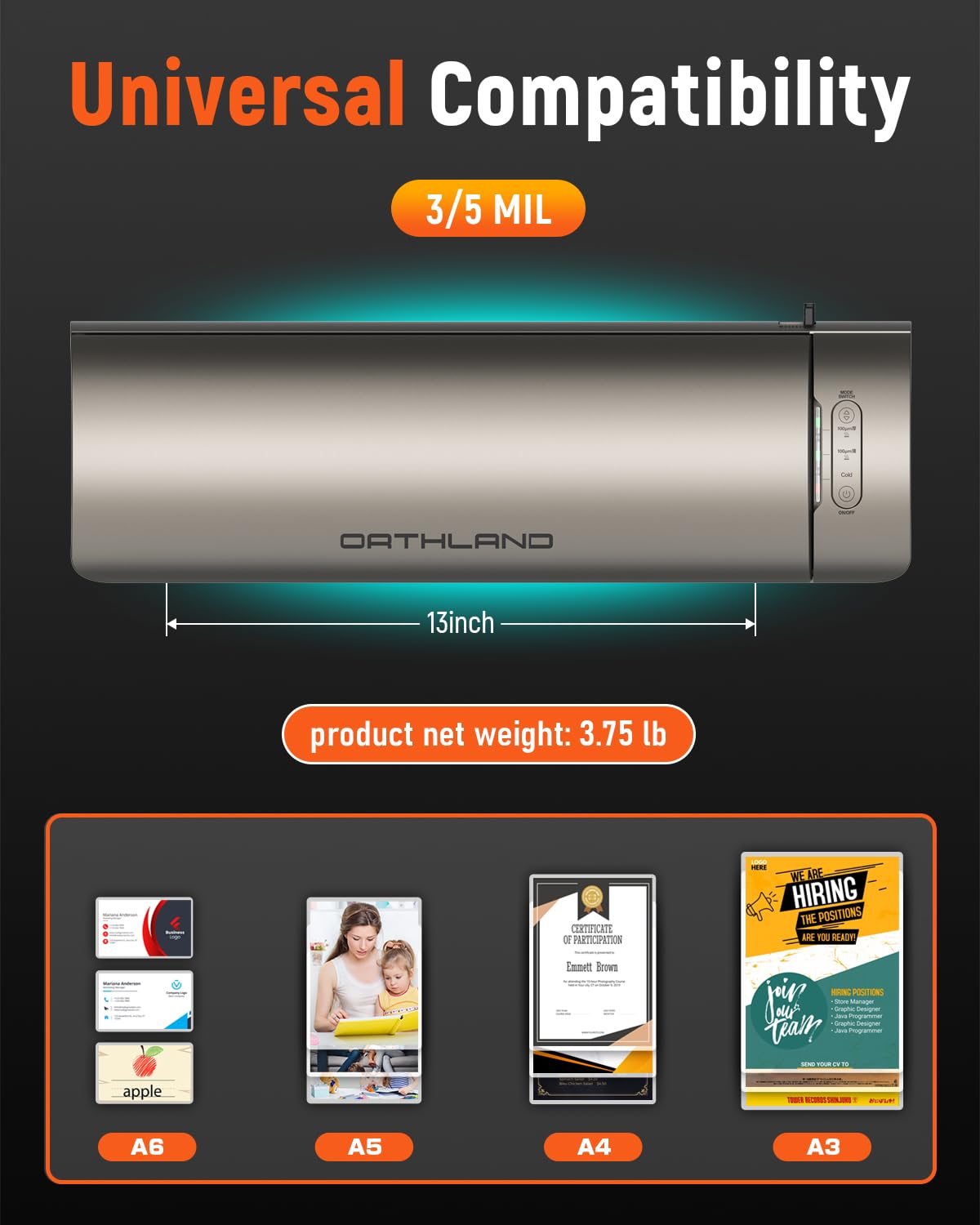 Laminator Machine 11x17 Laminator with Laminating Sheets, 60s Warm-up Laminating Machine, 3/5 Mil Thermal and Cold Lamination Machine A3/A4/A5/A6, Quiet Smooth Laminate Machine for Home School Office ORTHLAND