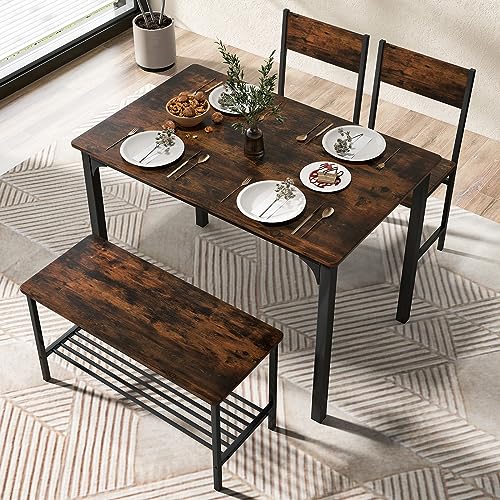 Moccha Dining Table Set for 4, Wooden Kitchen Table with with 2 Chairs and a Long Bench, Modern 4-Piece Dinette with Metal Frame & Storage Rack, Space-Saving Table Set for Dining Room, Rustic Brown LDAILY