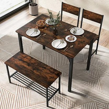 Moccha Dining Table Set for 4, Wooden Kitchen Table with with 2 Chairs and a Long Bench, Modern 4-Piece Dinette with Metal Frame & Storage Rack, Space-Saving Table Set for Dining Room, Rustic - WoodArtSupply