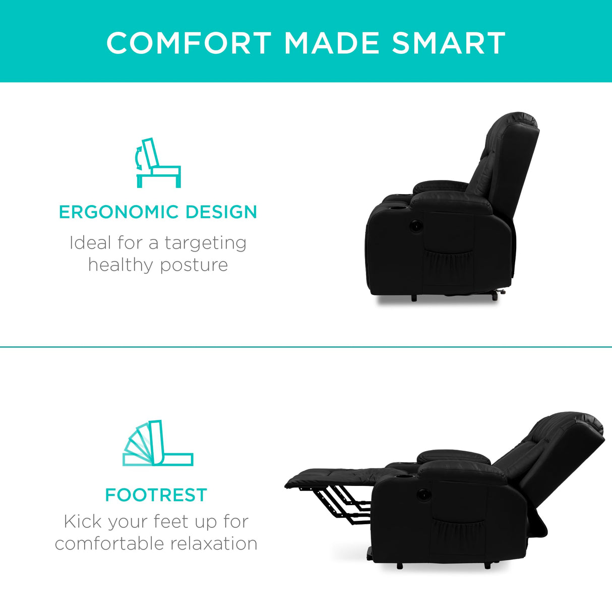 Best Choice Products PU Leather Electric Power Lift Chair, Recliner Massage Chair, Adjustable Furniture for Back, Legs w/ 3 Positions, USB Port, Heat, Cupholders, Easy-to-Reach Side Button - Black Best Choice Products