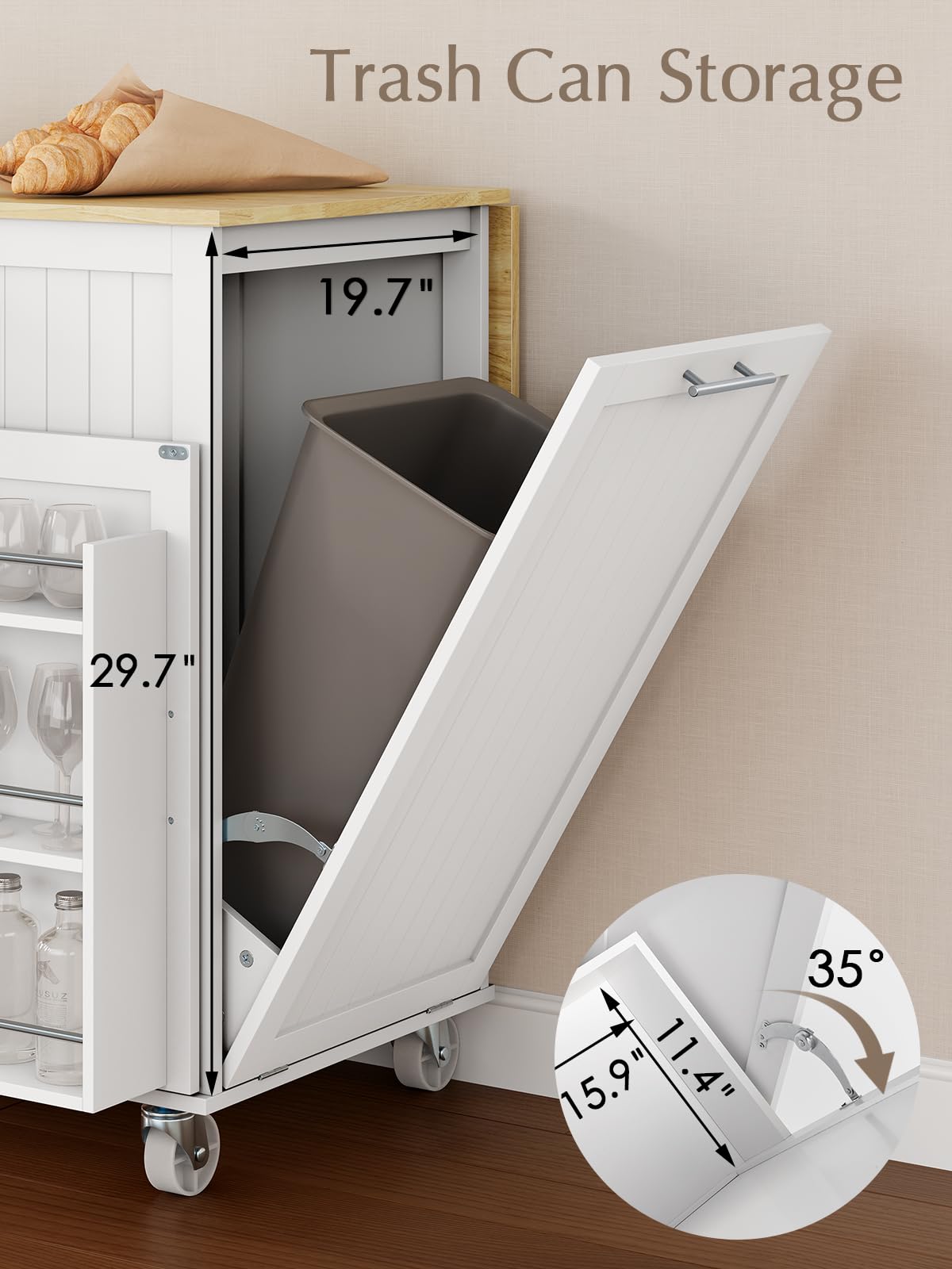 OtterOasis Kitchen Island with Storage, 31.5" D Rolling Kitchen Island Cart on Wheels with Widen Drop Leaf Rubberwood Top, Large Mobile Kitchen Island with Trash Can Storage and Towel Bar, White OtterOasis