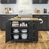 Pemberly Row Mobile Kitchen Island Cart w/Wood Drop Leaf Breakfast Bar in Black Pemberly Row