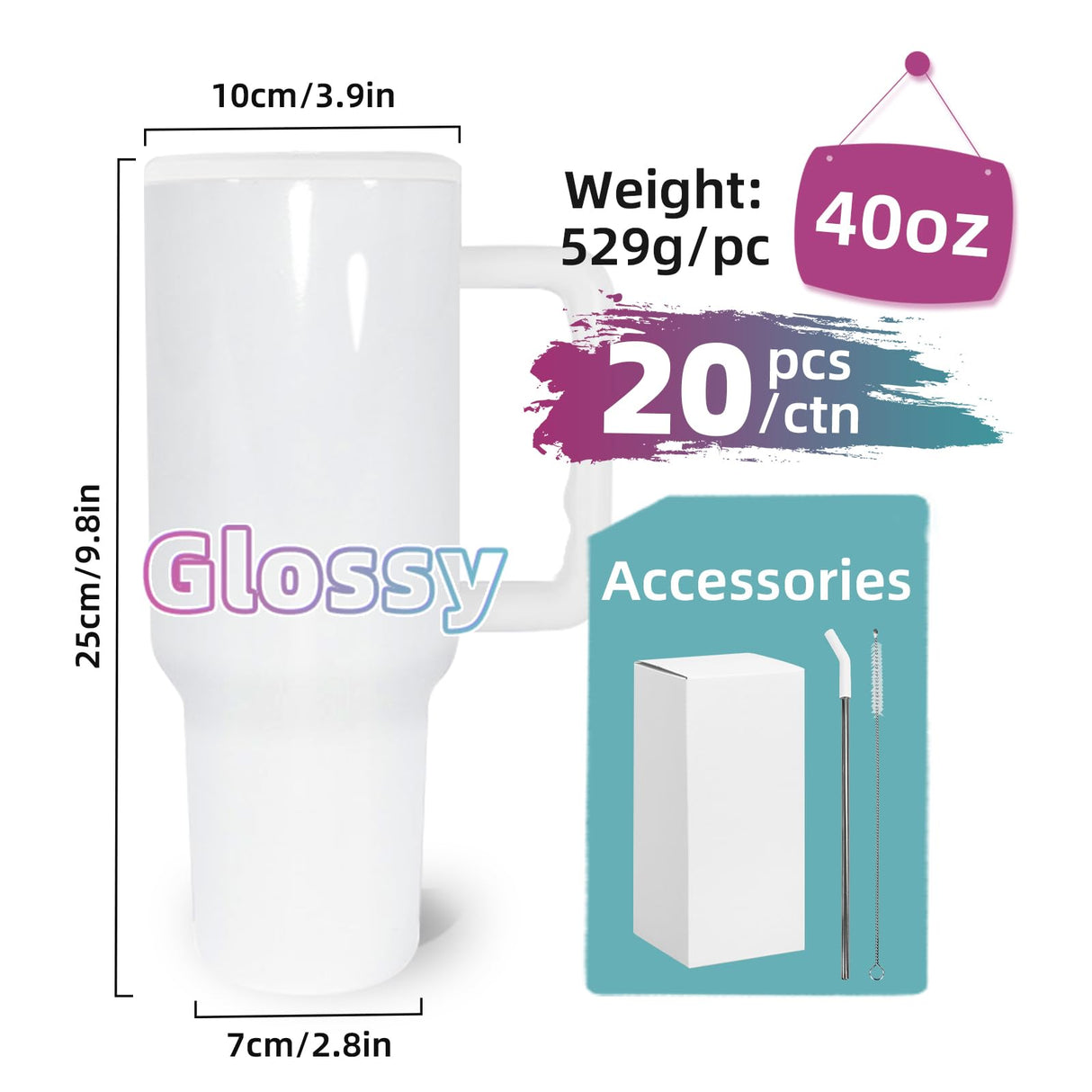 AGH 40 oz Sublimation Tumblers with Handle, 20 Pack White Mugs Insulated Tumbler with Lid and Stainless Steel Straw, Reusable Vacuum Coffee Car AGH