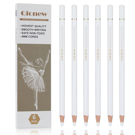 Qionew White Charcoal Pencils Drawing Set, Set of 6 for Illustration,Shading, Blending,Sketching,Black Paper,for add highlight on kraft paper,black cardboard & charcoal sketches Qionew