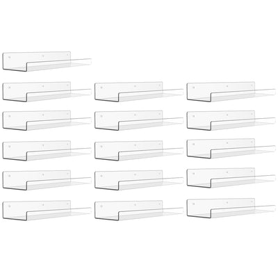 upsimples 16 Pack Acrylic Shelves for Wall Storage, 15" Floating Bookshelves for Kids, Display Shelf Organizer for Bathroom, Bedroom, Living Room, Kitchen, Room Decor, Clear